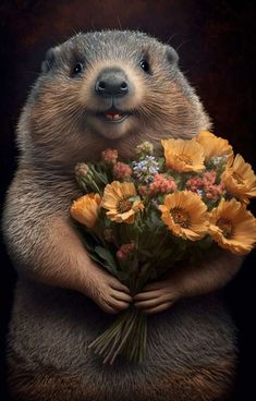 a groundhog holding flowers in its paws