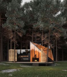 a small cabin in the middle of some trees