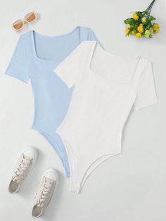 Women Solid Color Summer Short Sleeve Square Neck Bodysuit Baby Blue Casual  Short Sleeve Knitted Fabric Plain Tee Medium Stretch  Women Clothing, size features are:Bust: ,Length: ,Sleeve Length: Square Neck Bodysuit, Plain Tees, Casual Suit, Kids Sleepwear, Womens Bodysuit, Summer Shorts, Baby Bodysuit, Colorful Leggings, Square Neck