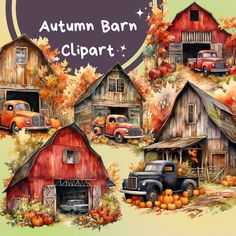 an autumn barn clipart with old trucks and pumpkins