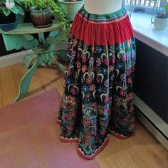 Beautiful, Hand-Embroidered, Hand-Made, One-Of-A-Kind, Vintage Indian Banjara Skirt. Dating Back To 1960s Or 1970s, It's Likely That The Actual Cotton Fabric In This Skirt Was Hand-Woven And Hand-Dyed...In Addition To All Of The Hand-Stitching Of The Embroidery. Tiny Mirrors Are Stitched Into The Embroidery Throughout. Skirt Is Heavy And Can Fit A Variety Of Sizes Due To The Drawstring Waist. On The Dress Form, The Drawstring Is Pulled To Fit A Size Medium. However, It Can Be Let Out To Fit An Xxl. Colors Are Vibrant With Only A Tiny Bit Of Fading On The Upper Portion Of The Waist On The Inside Of The Skirt. Otherwise, In Great Condition With No Rips, Tears, Marks, Etc. Skirt Is Floo Bohemian Multicolor Embroidered Skirt, Bohemian Multicolor Skirt With Floral Embroidery, Multicolor Bohemian Skirt With Floral Embroidery, Traditional Multicolor Embroidered Skirt, Folk Style Multicolor Embroidered Skirt, Folk Style Embroidered Multicolor Skirt, Bohemian Multicolor Floral Embroidered Bottoms, Bohemian Multicolor Bottoms With Floral Embroidery, Bohemian Multicolor Floral Embroidery Bottoms