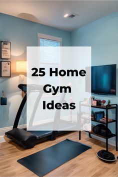 25 Home Gym Ideas on a transparent overlay, with a treadmill and exercise equipment in a well-organized room. Spa Gym Design, Boho Home Gym Decor, Bedroom Gym Ideas, Small Workout Room Ideas, Small Workout Room, Small Home Gym Design