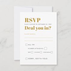 a white and gold rsvp card with the words, how do you get?