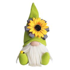 a green gnome with a sunflower on his head