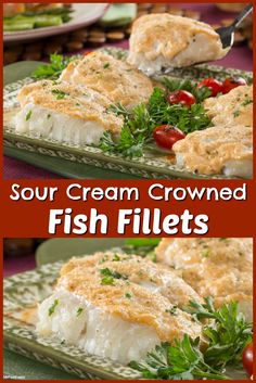 some fish fillets are on a green plate