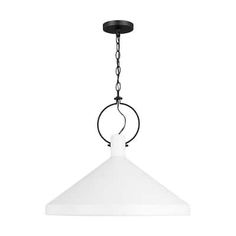 a black and white pendant light hanging from a ceiling fixture with a chain around it