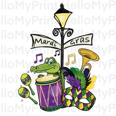 a drawing of a mardi gras drum and a crocodile with music notes on it