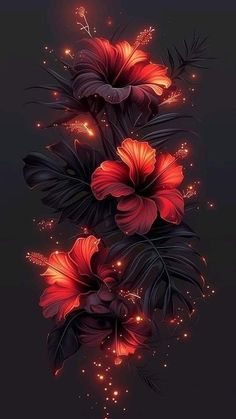 some red flowers on a black background