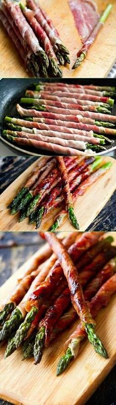 bacon wrapped asparagus on a cutting board next to a griddle of skewers