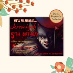 an image of a birthday party with clowns on the front and back of it