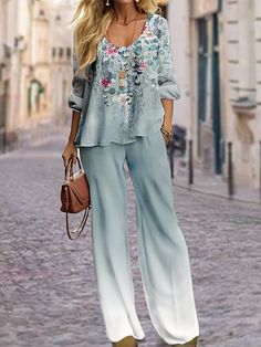 Casual Loose Crew Neck Floral Two-Piece Set Wide Leg Pants Outfit, Wide Leg Pants Outfits, Leg Pants Outfit, Shirt Pant Set, Top Pants Set, Round Neck Tops, Type Of Pants, Casual Sets, Fashion Mode