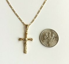 "18K GOLD FILLED CROSS NECKLACE . FOR GOOD LUCK,PROTECTION,HEALTH AND ANY KIND OF DIFFICULTY . 20\" LONG CHAIN. PENDANT SIZE: 26x14mm 18K GOLD FILLED CADENA DE CRUZ . PARA PROTECCION,BUENA SUERTE,SALUD Y PARA CUALQUIER CASO DIFICIL. 20\" LARGO CADENA. TAMANO DEL DIJE: 26x14mm" Figaro Necklace, Good Luck Bracelet, For Good Luck, Pompano Beach, Evil Eye Pendant, Chain Pendant, Long Chain, Good Luck, Cross Necklace