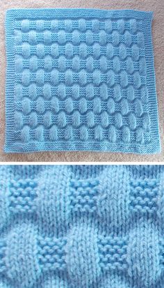 two pictures show the same blue knitted material, one with an image of a pattern on