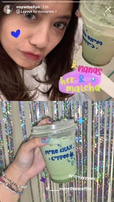 a woman holding up a green drink in front of her face with the words yogurt and matcha written on it