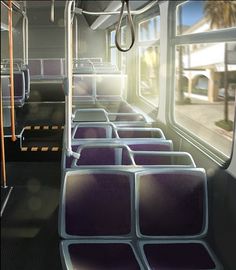 the interior of a bus with purple seats and palm trees in the backround