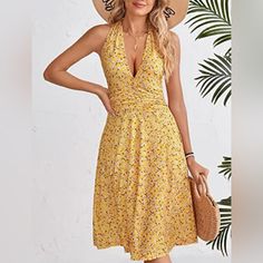 Summer Sundress Sleeveless Halter Neck Spring Boho Floral With Pocket Elastic Waist Nwot Yellow Sleeveless Halter Dress For Summer, Casual Sleeveless Halter Dress For Beach Season, Yellow Sleeveless Halter Sundress, Yellow Sleeveless Halter Dress For Spring, Floral Print Sleeveless Halter Dress For Day Out, Sleeveless Halter Dress With Floral Print For Day Out, Yellow Halter Neck Sleeveless Sundress, Halter Neck Sleeveless Dress With Floral Print For Beach, Floral Print Sleeveless Halter Dress For Beach