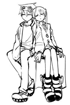 a black and white drawing of two people sitting next to each other