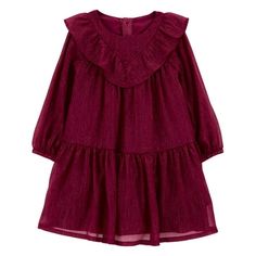 Looking for the perfect holiday dress? This sweet long sleeve dress for girls is just the right one! Made by Carters Child of Mine, this holiday dress for toddlers is stylish and chic in burgundy with tulle ruffles on the chest. Shes got the perfect holiday photo look with all the festive flair! Whether youre heading to a holiday party or just hanging at home, she is ready for her close up! This toddler dress is made with the same trusted quality as Carter's and Standard 100 by OEKO-TEX so it's Toddler Holiday Dress, Toddler Christmas Dress, Tulle Ruffles, Girl Holiday, Toddler Girl Shorts, Girls Holiday Dresses, Dress For Girls, Jumpsuit With Sleeves, Holiday Dress