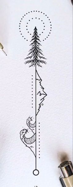 an ink drawing of a pine tree with mountains in the background and stars above it