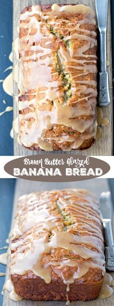 a loaf of banana bread with icing on top and an image of bananas in the background