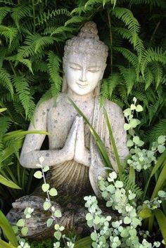 a buddha statue sitting in the middle of some plants