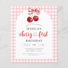 cherries first birthday party card with gingham background