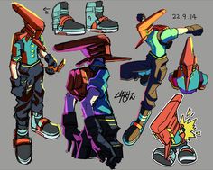 some drawings of different types of shoes and backpacks