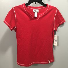 Brand New With Tags, Never Worn $24 Original Price 17 1/2" From Armpit To Armpit 21" Long From Shoulder To Hem 100% Cotton Smoke And Pet Free Home Red Sports T-shirt For Spring, Red Sporty Tops With Relaxed Fit, Red Sporty Relaxed Fit Tops, Red V-neck Sporty T-shirt, Geometric Pattern Embroidery, Embroidered Tee Shirt, Cap Sleeve Tee, Lace Cutout, Embroidered Tee