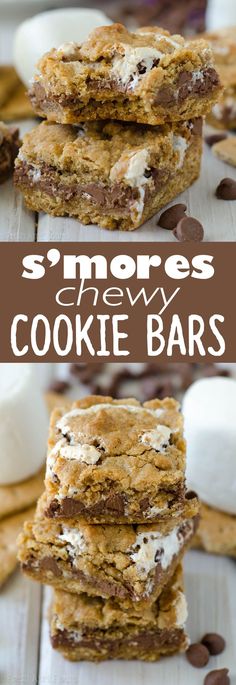 s'mores chewy cookie bars stacked on top of each other