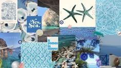 the collage is made up of many different things in blue and white colors, including seashells