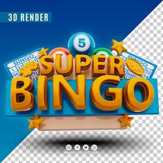 the 3d text super bingo with stars and numbers on it, as well as an image of