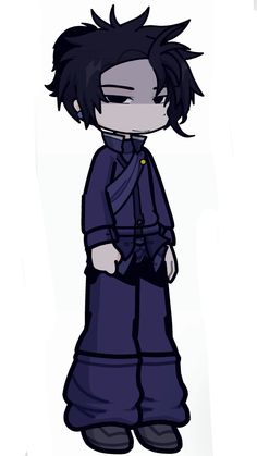 an anime character with black hair and blue clothes, standing in front of a white background