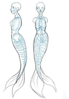 an image of two mermaids that are drawn in blue and white pencil on paper