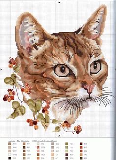 a cross stitch pattern with an image of a cat's face and flowers on it