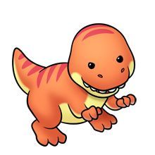 a cartoon dinosaur running and smiling for the camera