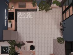 an aerial view of a kitchen and living room in a small apartment with sun set on the wall