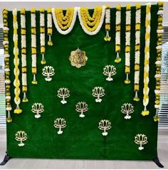 Backdrop Decoration Indian Baby Shower Decorations, Ganpati Decor, Mandir Decoration, Yellow Backdrop, Simple Stage Decorations, Home Flower Decor, House Warming Ceremony