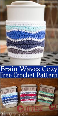 the coffee cup cozyie is made with crochet and has three different colors