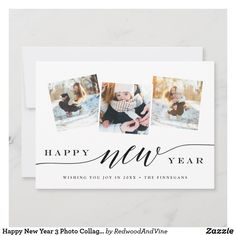 a happy new year card with three photos