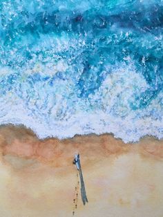 a painting of a beach with waves coming in from the ocean and a wooden pole sticking out of the sand