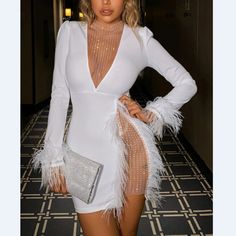 Lingerie Design, Sheer Mesh Dress, White Evening Dress, Pencil Skirt Dress, Perfect Prom Dress, Feather Trim, High Waist Dress, Feather Dress, Slim Fit Dresses