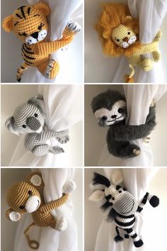 crocheted stuffed animals are hanging on the curtain in different styles and colors,