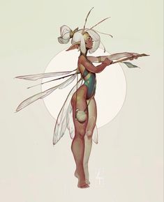 a woman in a body suit with wings on her head and legs, holding a stick