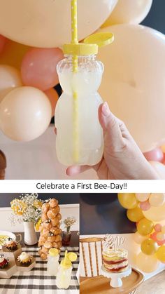 a collage of photos with balloons, cake and drinks on it for a first - birthday party