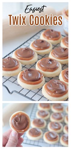 cookies with chocolate frosting on top are cooling on a wire rack and then baked in the oven