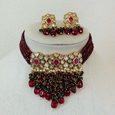 Gold Finish Ruby Red and Emerald Green Beads Kundan Choker Set with Pearls, Mona Lisa Beads, and Stones Handmade Red Kundan Necklace With Round Beads, Red Beaded Kundan Necklace In Temple Style, Handmade Red Kundan Necklace, Red Kundan Necklace With Round Beads In Temple Style, Red Round Beads Kundan Necklace For Festivals, Red Beaded Kundan Necklace, Red Kundan Necklace With Round Beads For Festivals, Red Kundan Beaded Necklace For Gift, Red Beaded Kundan Jewelry