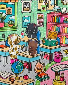 an image of a child's room with toys on the desks and bookshelves