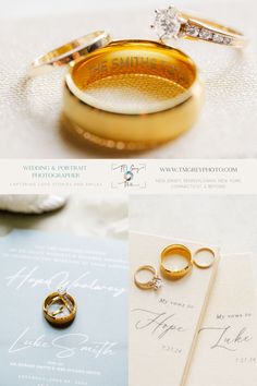 two wedding rings are sitting next to each other on top of a table with an envelope