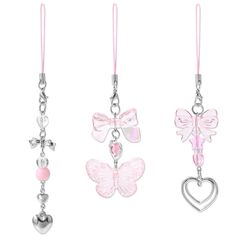 three charms with hearts and butterflies hanging from them