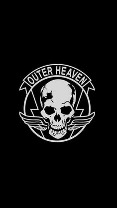 a skull with wings and the words outer heaven in white on a black background,